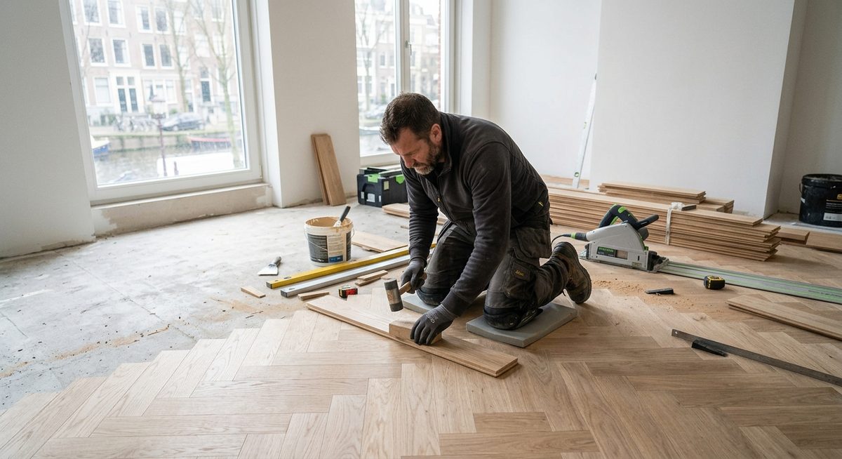 Vakman legt een visgraatvloer in een ruimte met afgewerkte wanden